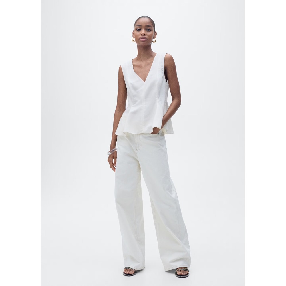 Mango Women Natural White Linen Blend V-Neck Peplum Top Size S NWT